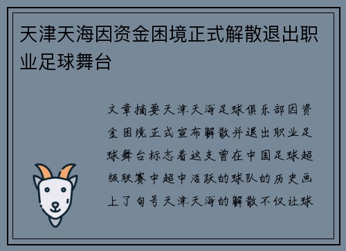 天津天海因资金困境正式解散退出职业足球舞台