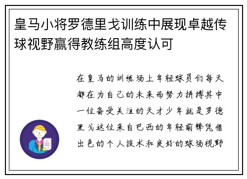 皇马小将罗德里戈训练中展现卓越传球视野赢得教练组高度认可